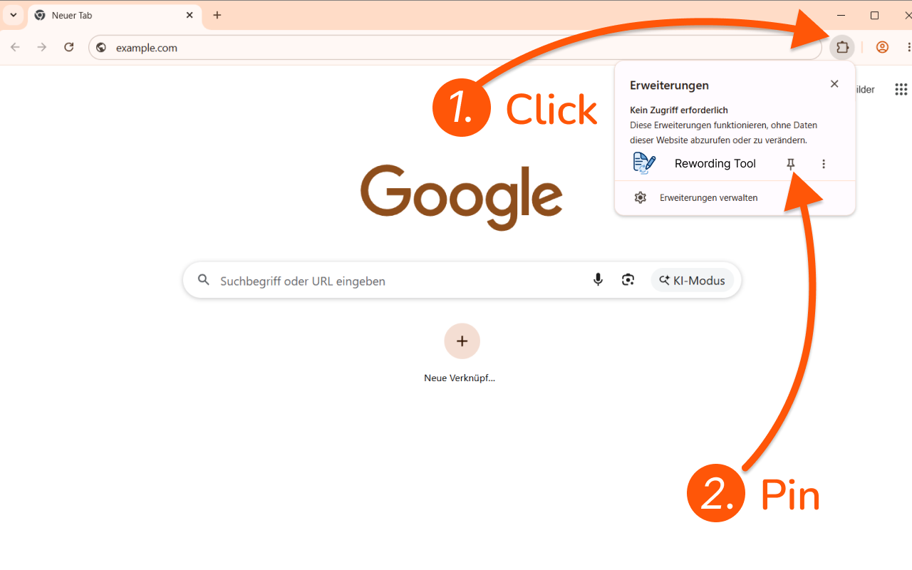 Screenshot showing how to pin the Rewording Tool extension in Chrome.